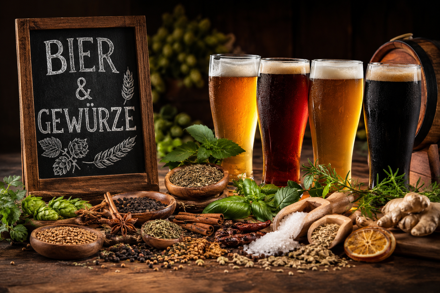 Mehrere Biergläser mit Kräutern und Gewürzen auf einem Holztisch