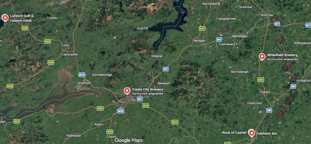 Karte der zweiten Etappe unserer Irland Bierkulturreise 2026 mit Rock of Cashel, Whitefield Brewery, Treaty City Brewery und Lahinch an der Atlantikküste.