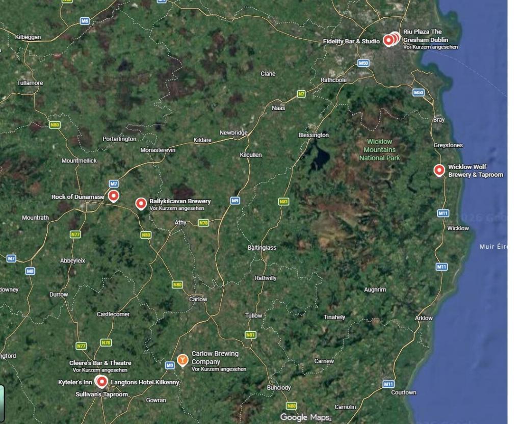 Von Dublin über Wicklow Wolf und den Rock of Dunamase bis nach Kilkenny: Die erste Etappe unserer Irland Bierkulturreise führte zu Craftbier, Geschichte und traditioneller irischer Pubkultur. Karte der ersten Etappe der Irland Bierkulturreise 2026 mit Dublin, Wicklow Wolf, Rock of Dunamase, Ballykilcavan Brewery und Kilkenny.