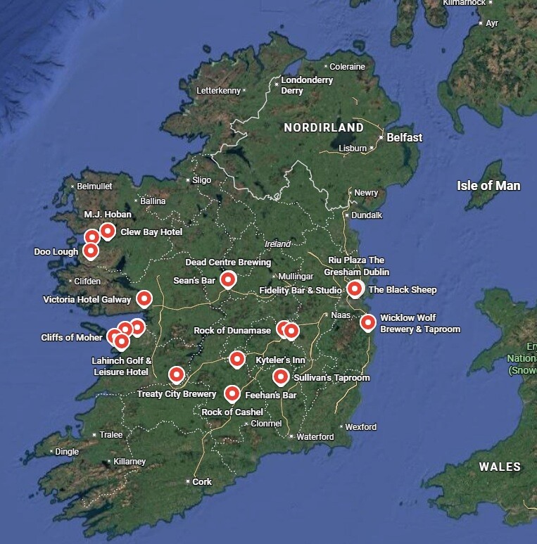 Dublin, Kilkenny, Limerick, Galway, die Cliffs of Moher und sieben ausgewählte Craftbier-Brauereien: Diese Karte zeigt die gesamte Route unserer Irland Bierkulturreise 2026. Viele der markierten Stationen warten noch in den kommenden Teilen dieser Serie. Übersichtskarte der Irland Bierkulturreise 2026 mit allen besuchten Brauereien, Sehenswürdigkeiten und Übernachtungsorten.