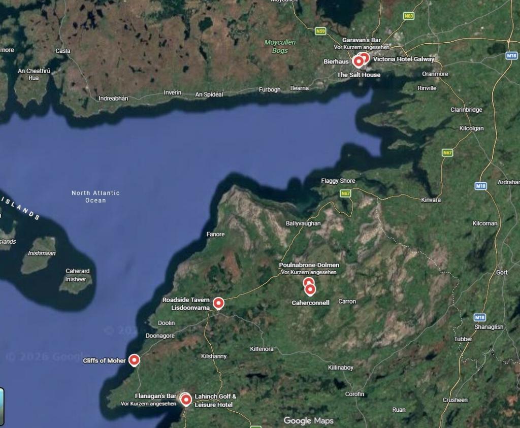 Karte der dritten Etappe unserer Irland Bierkulturreise 2026 mit den Stationen Cliffs of Moher, Caherconnell Sheep Farm, Roadside Tavern Brewery, Poulnabrone Dolmen und Galway.