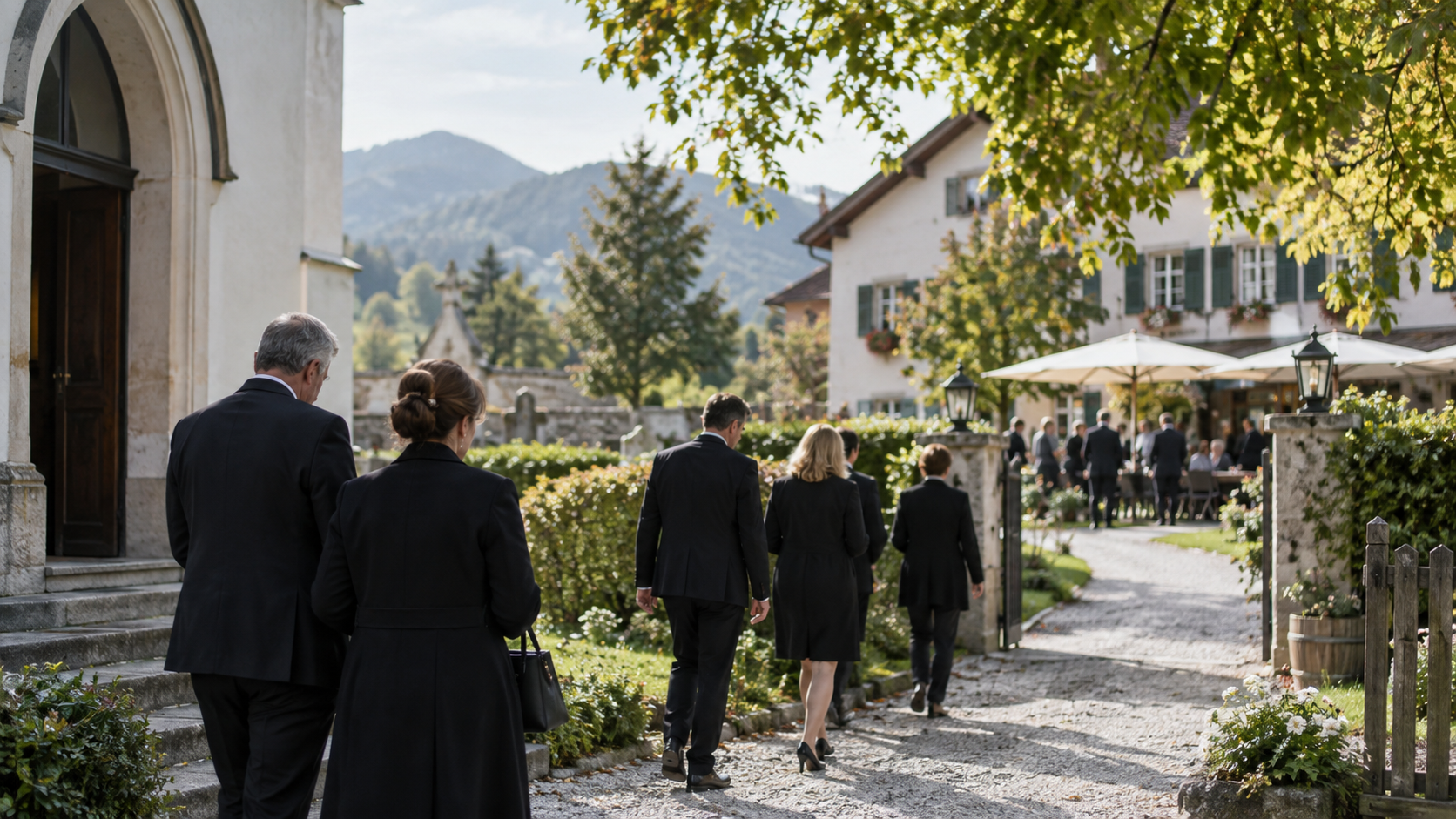 Trauergäste verlassen nach einem Begräbnis gemeinsam eine Kirche