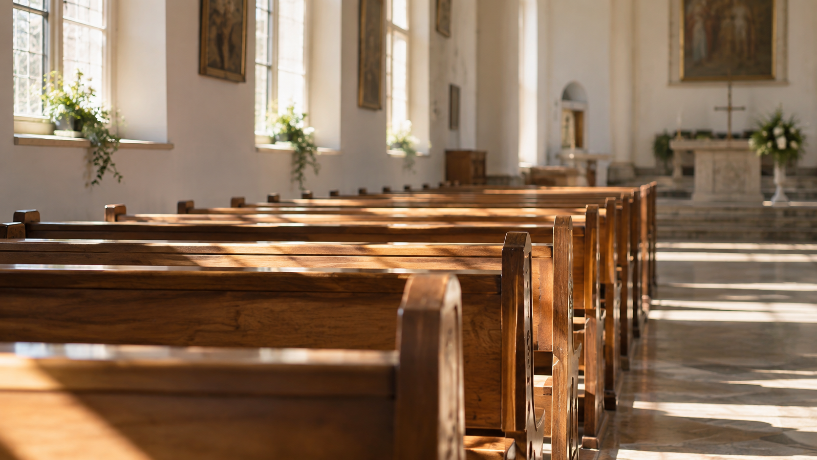 Ruhiger Kirchenraum mit einfallendem Licht als Symbol für Abschied, Trauer und Erinnerung